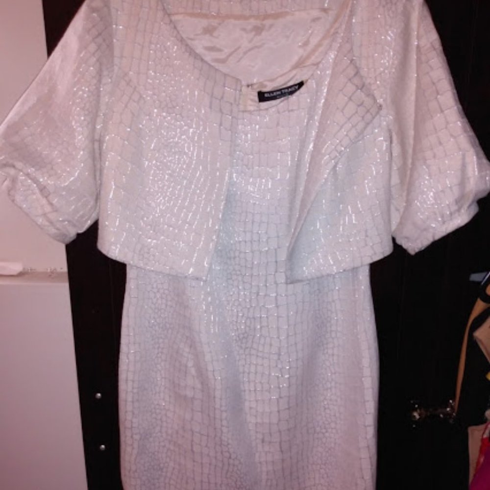 White and metallic silver sheath with coat